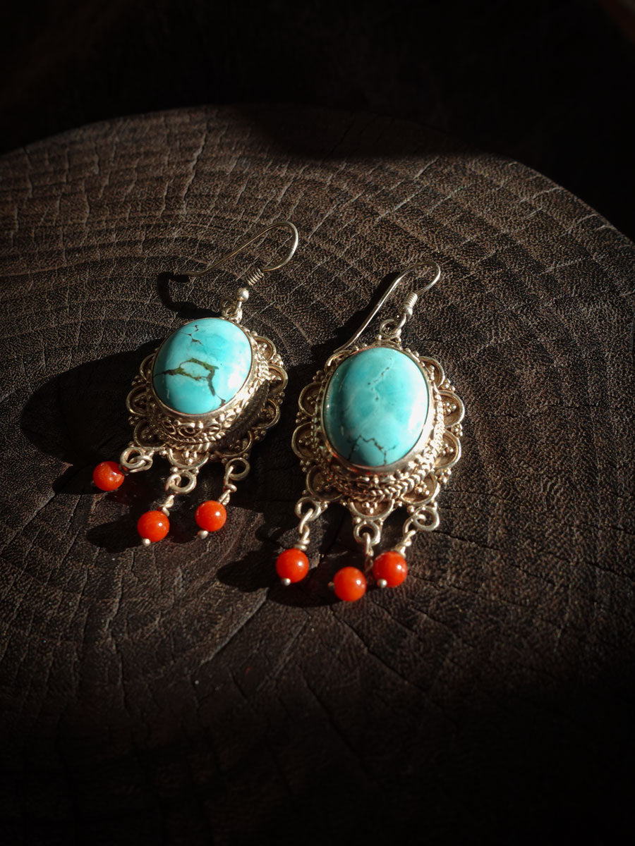Attract Luck Vitality Earrings | Turquoise & Red Agate Sterling Silver