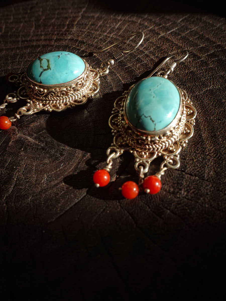 Attract Luck Vitality Earrings | Turquoise & Red Agate Sterling Silver