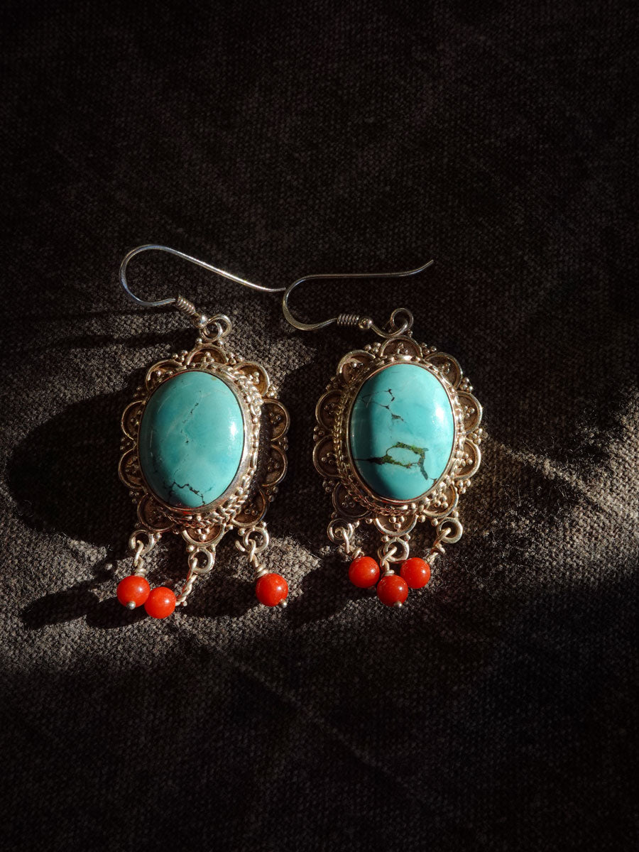 Attract Luck Vitality Earrings | Turquoise & Red Agate Sterling Silver