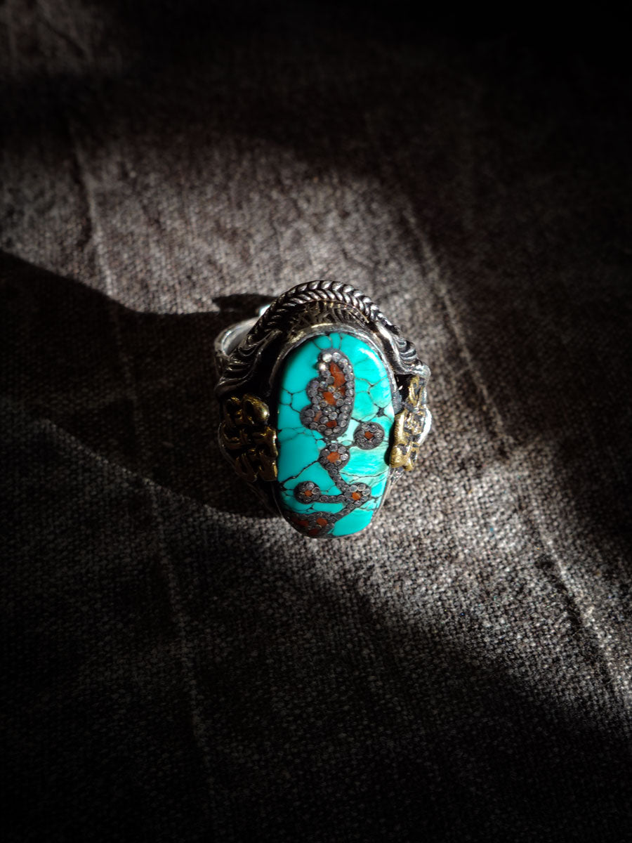 Empower Strength Harmony Ring | Turquoise & Red Coral Sterling Silver with Auspicious Knot