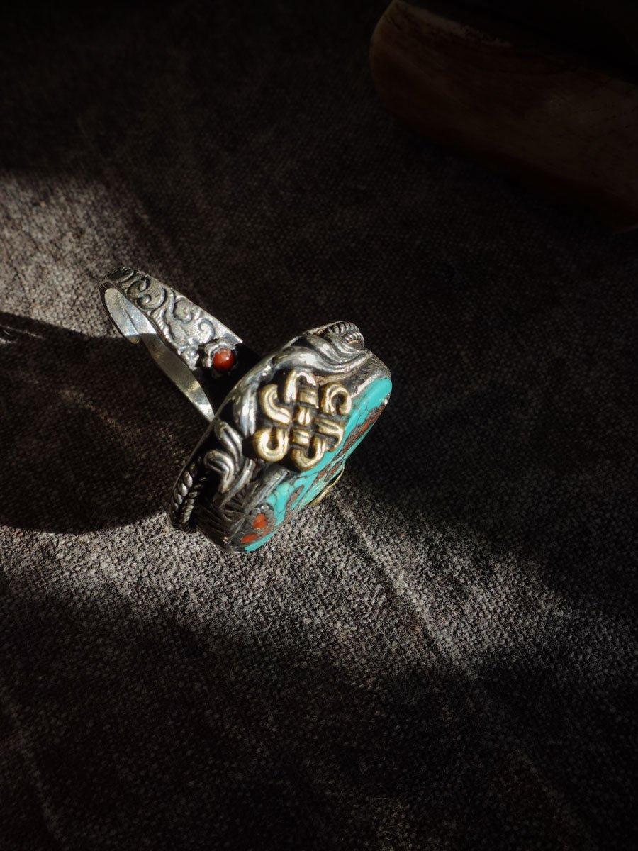 Empower Strength Harmony Ring | Turquoise & Red Coral Sterling Silver with Auspicious Knot