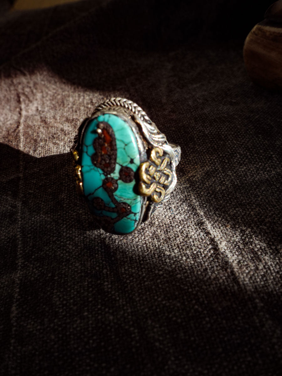 Empower Strength Harmony Ring | Turquoise & Red Coral Sterling Silver with Auspicious Knot