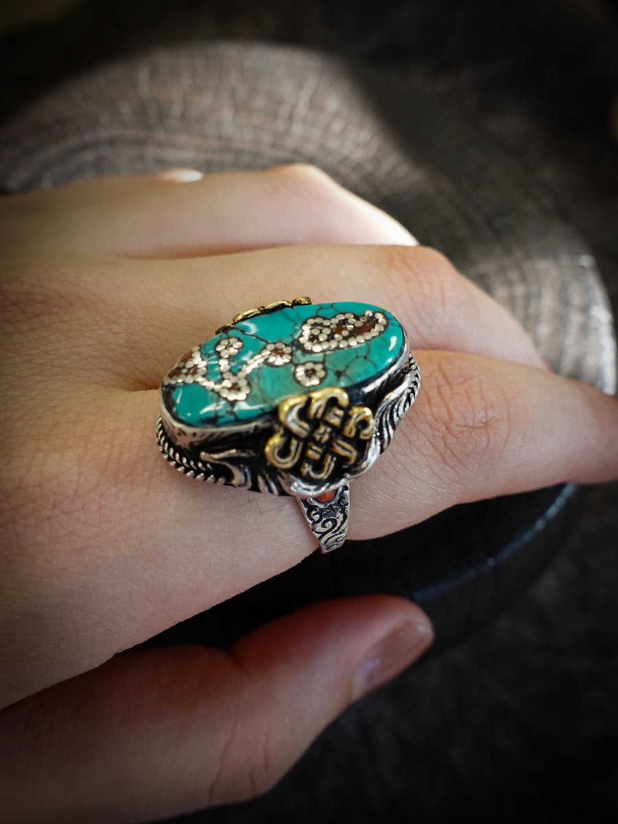 Empower Strength Harmony Ring | Turquoise & Red Coral Sterling Silver with Auspicious Knot