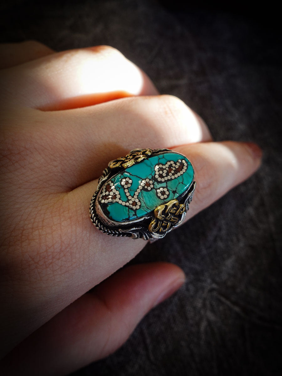 Empower Strength Harmony Ring | Turquoise & Red Coral Sterling Silver with Auspicious Knot