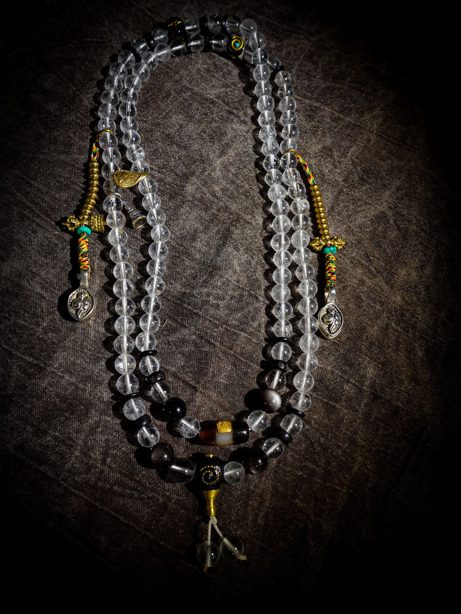 Clarity Protection Mala | Tibetan 108 Clear Quartz Beads with Healer Bead & Zakirum Amulet