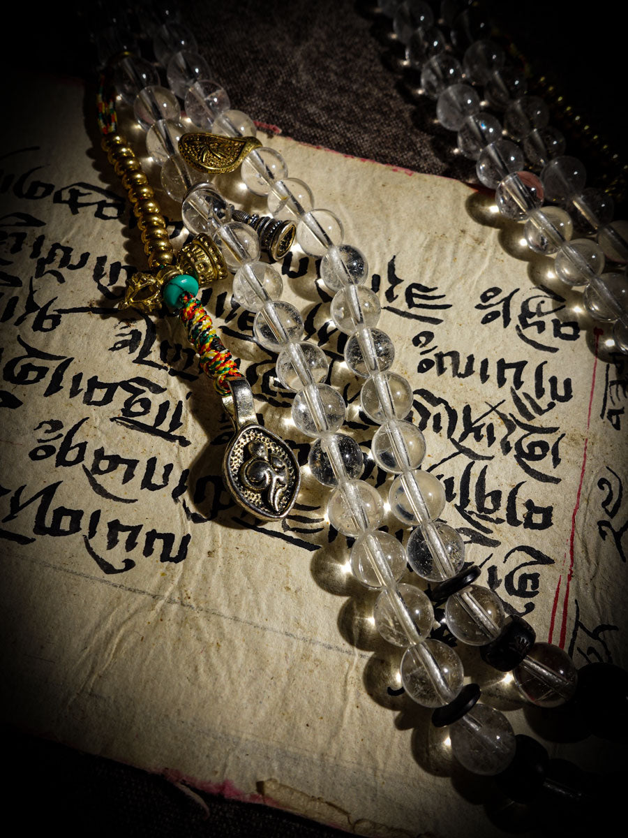 Clarity Protection Mala | Tibetan 108 Clear Quartz Beads with Healer Bead & Zakirum Amulet