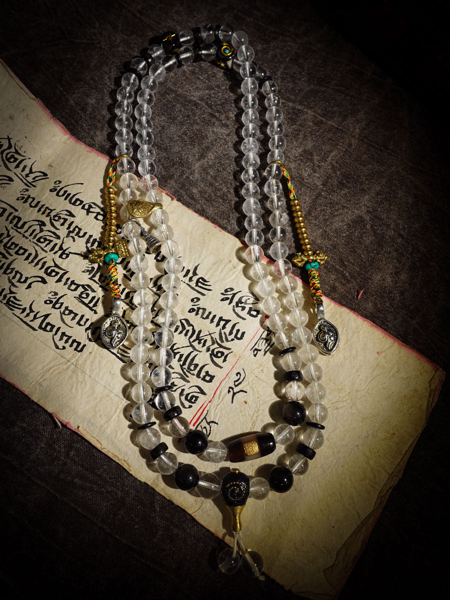 Clarity Protection Mala | Tibetan 108 Clear Quartz Beads with Healer Bead & Zakirum Amulet