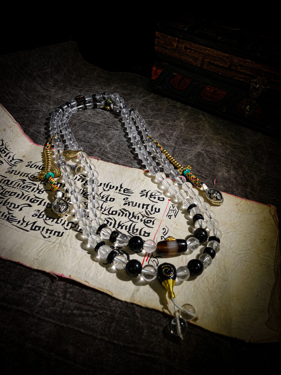 Clarity Protection Mala | Tibetan 108 Clear Quartz Beads with Healer Bead & Zakirum Amulet