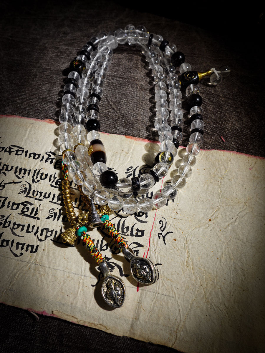 Clarity Protection Mala | Tibetan 108 Clear Quartz Beads with Healer Bead & Zakirum Amulet