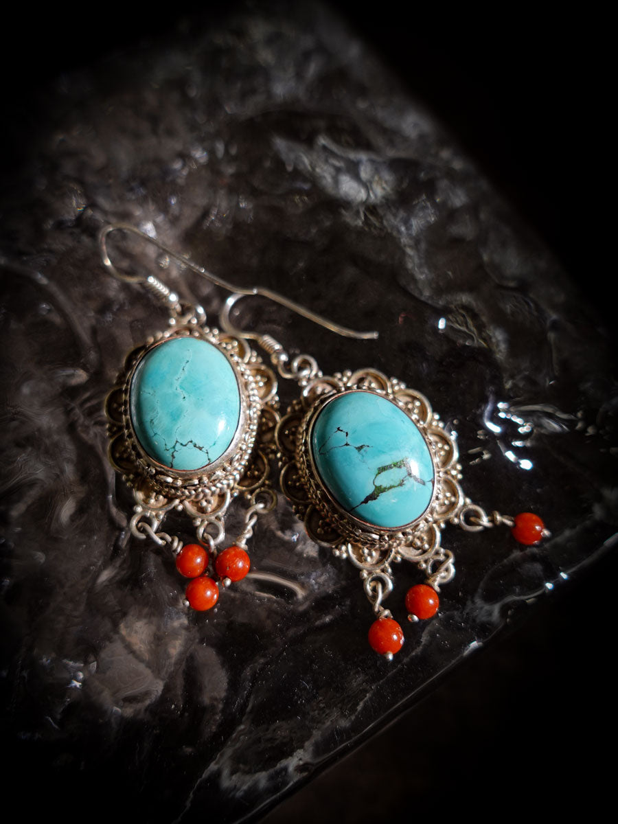 Attract Luck Vitality Earrings | Turquoise & Red Agate Sterling Silver