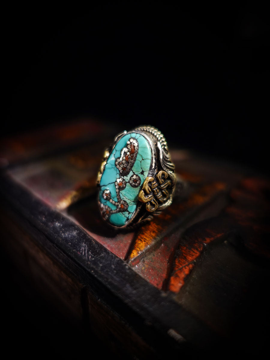 Empower Strength Harmony Ring | Turquoise & Red Coral Sterling Silver with Auspicious Knot