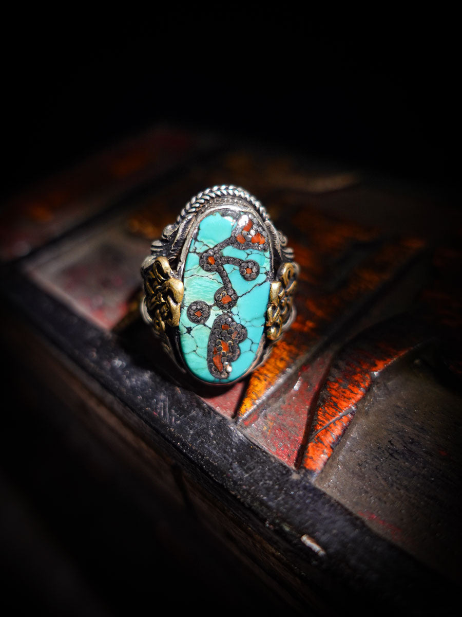 Empower Strength Harmony Ring | Turquoise & Red Coral Sterling Silver with Auspicious Knot