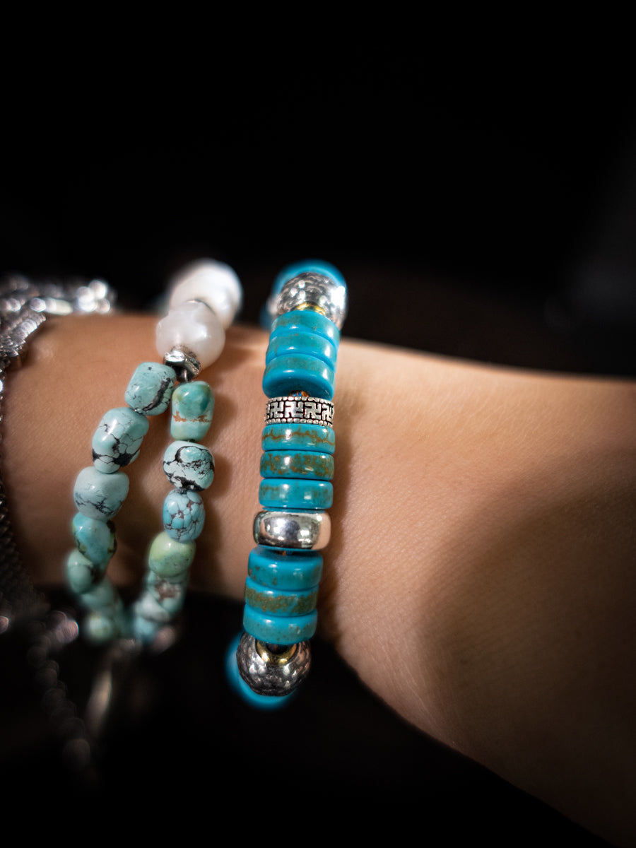 Disc Stack Turquoise Sterling Silver Braided Bracelet