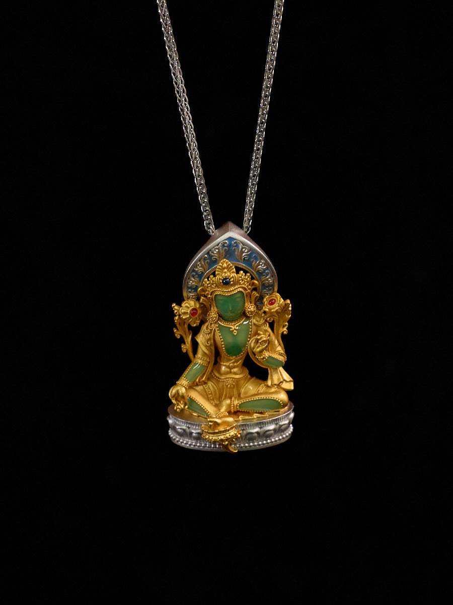 Enamel Green Tara Agate Silver Necklace