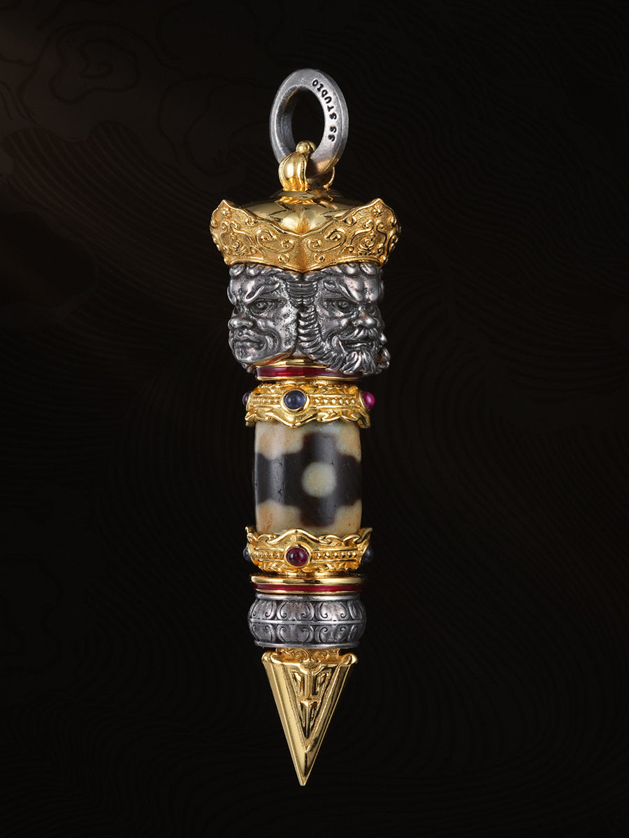 Divine Protection Mandala Dzi Silver Necklace Four Heavenly Kings