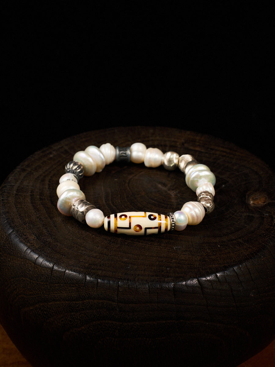 Pure Celestial Blessing Pearl Antler Dzi Bead Silver Bracelet