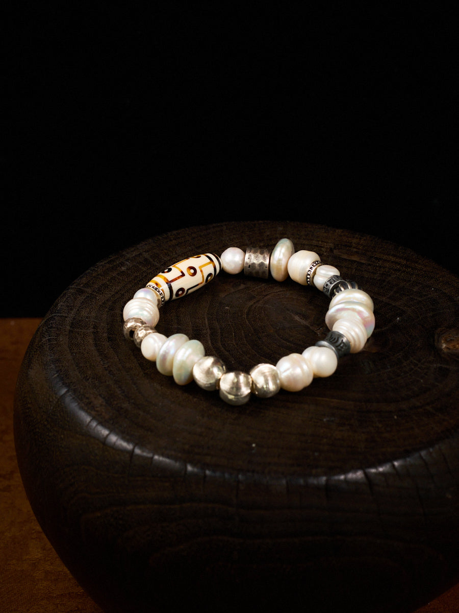Pure Celestial Blessing Pearl Antler Dzi Bead Silver Bracelet