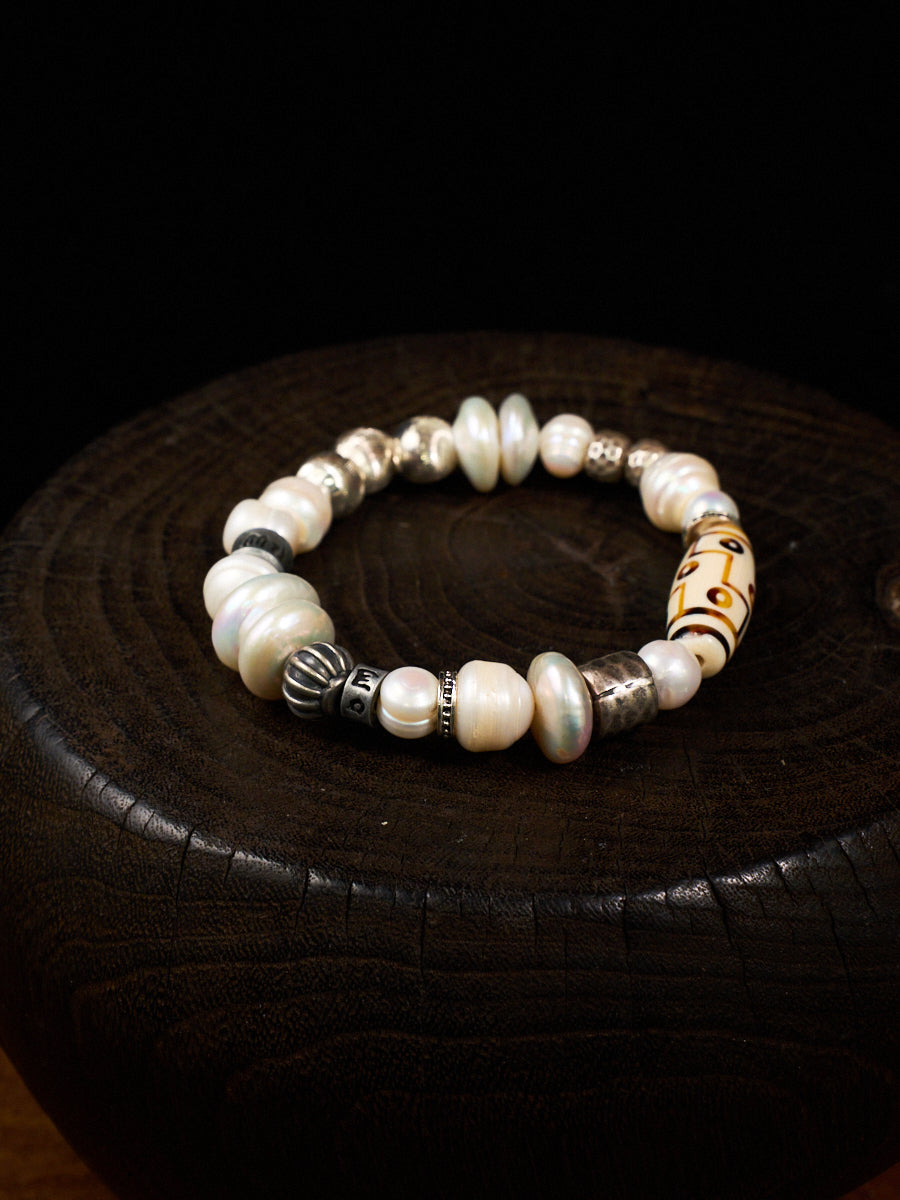 Pure Celestial Blessing Pearl Antler Dzi Bead Silver Bracelet