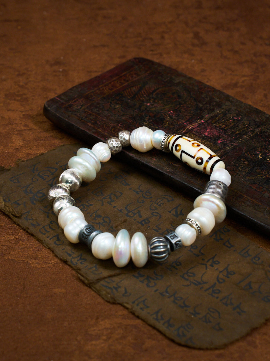 Pure Celestial Blessing Pearl Antler Dzi Bead Silver Bracelet