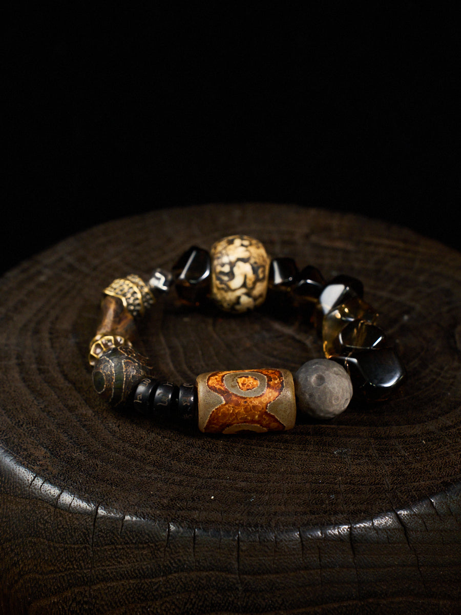 Celestial Guardian Smoky Quartz Three-Eye Dzi Obsidian Bracelet