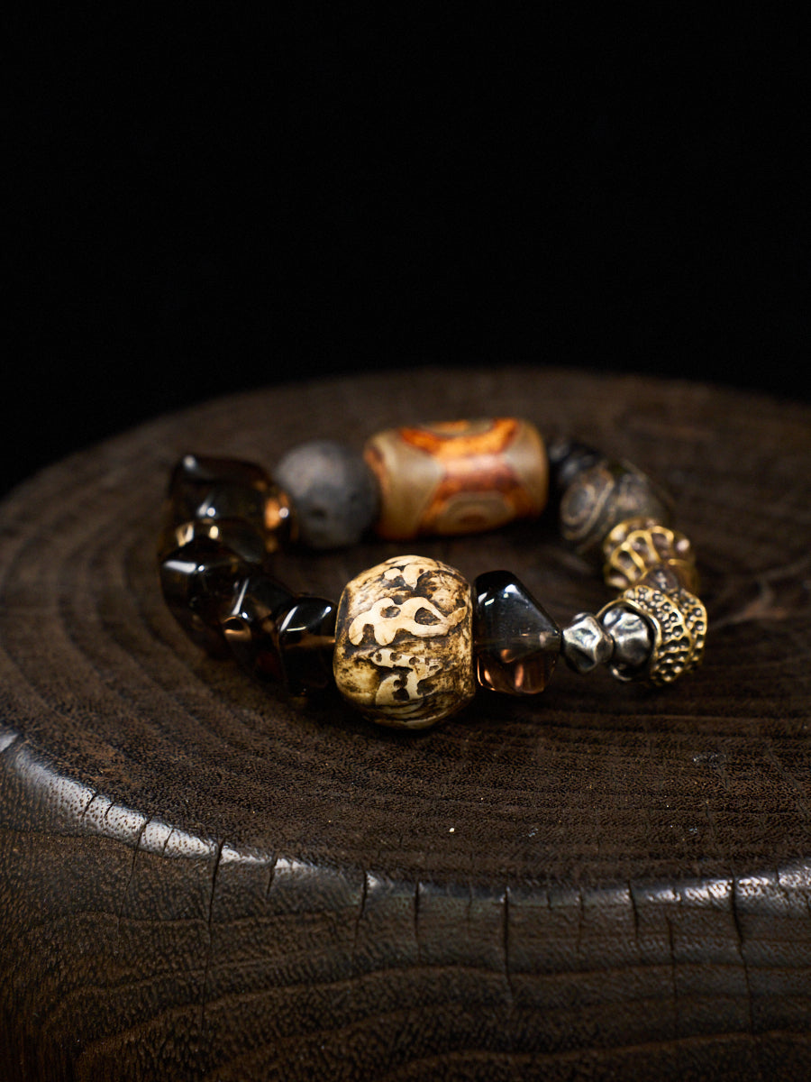 Celestial Guardian Smoky Quartz Three-Eye Dzi Obsidian Bracelet