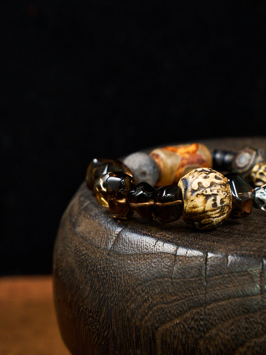 Celestial Guardian Smoky Quartz Three-Eye Dzi Obsidian Bracelet