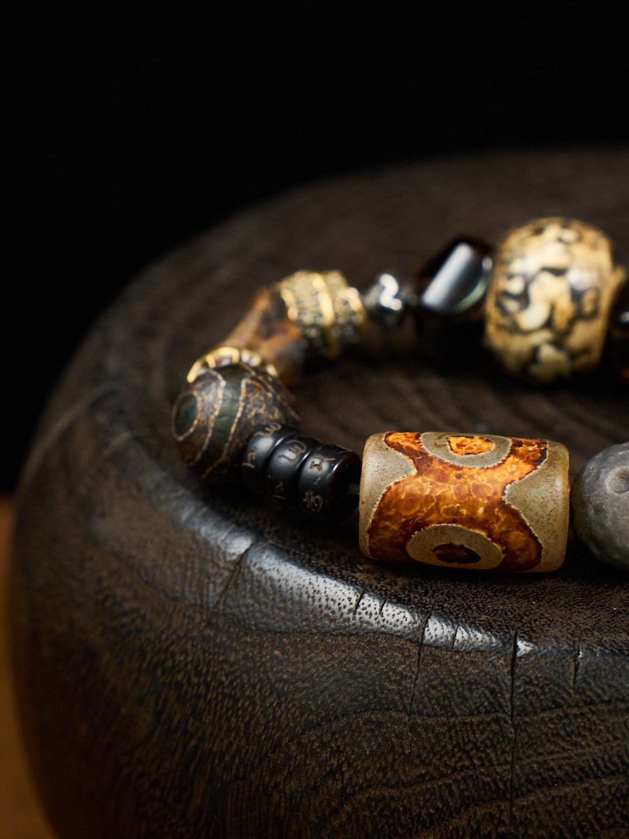 Celestial Guardian Smoky Quartz Three-Eye Dzi Obsidian Bracelet