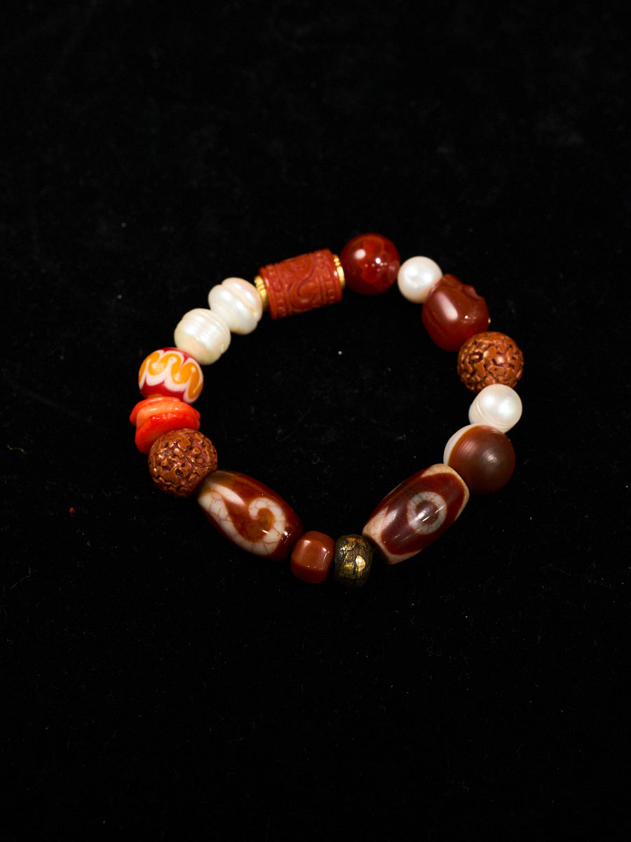 Three Treasures of Buddha Seven Jewels Agate Pearl Coral Bracelet