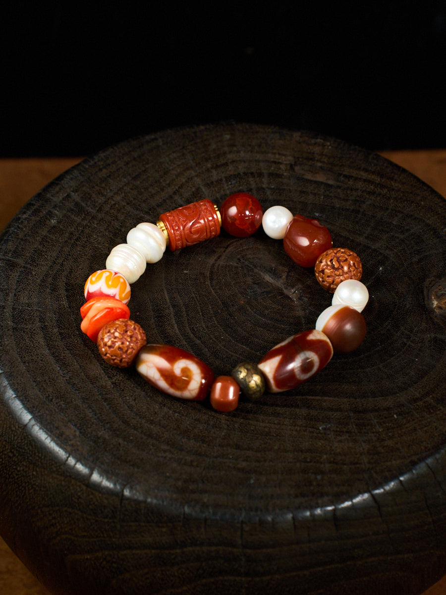 Three Treasures of Buddha Seven Jewels Agate Pearl Coral Bracelet