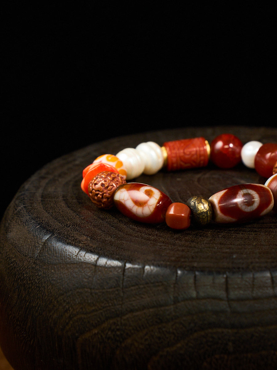 Three Treasures of Buddha Seven Jewels Agate Pearl Coral Bracelet
