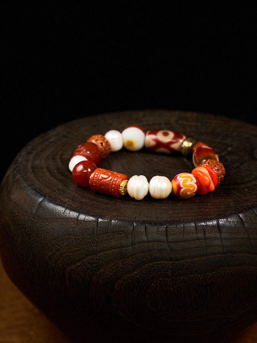 Three Treasures of Buddha Seven Jewels Agate Pearl Coral Bracelet