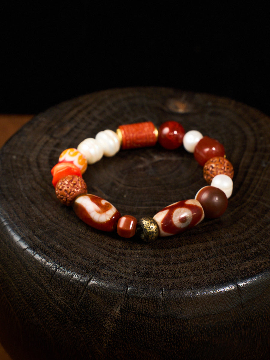 Three Treasures of Buddha Seven Jewels Agate Pearl Coral Bracelet