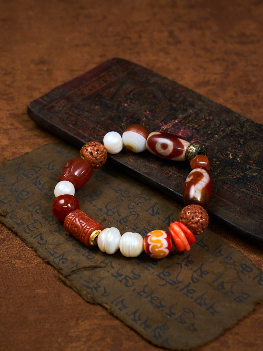 Three Treasures of Buddha Seven Jewels Agate Pearl Coral Bracelet