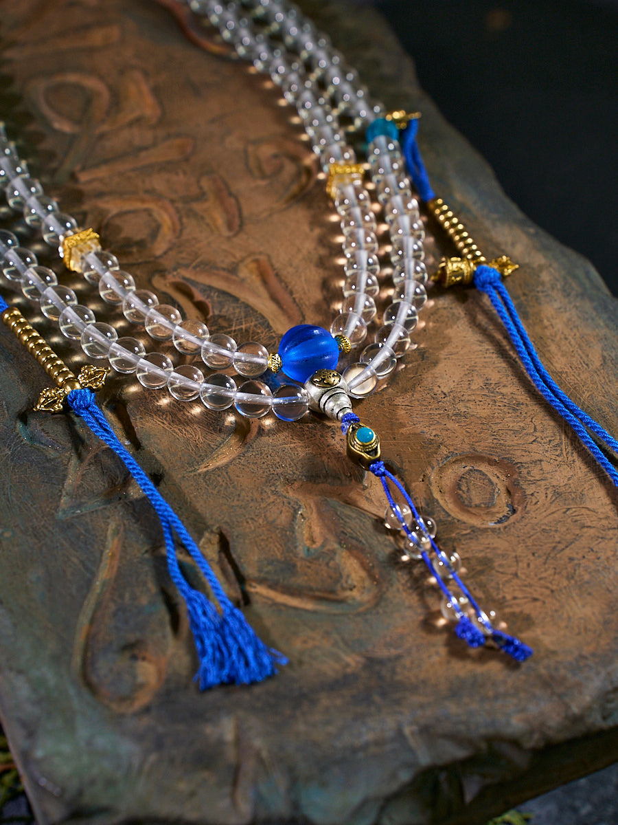 108 Clear Quartz Colored Glaze Mala Necklace
