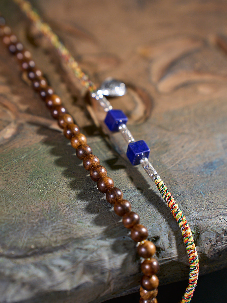 Wire Wrapped Clear Quartz Lapis Lazuli Wood Bead Necklace