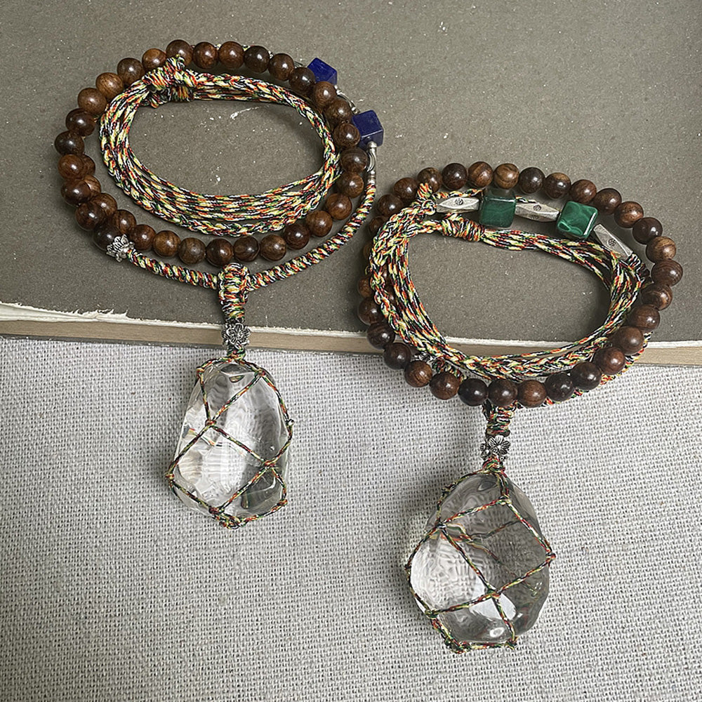 Wire Wrapped Clear Quartz Lapis Lazuli Wood Bead Necklace