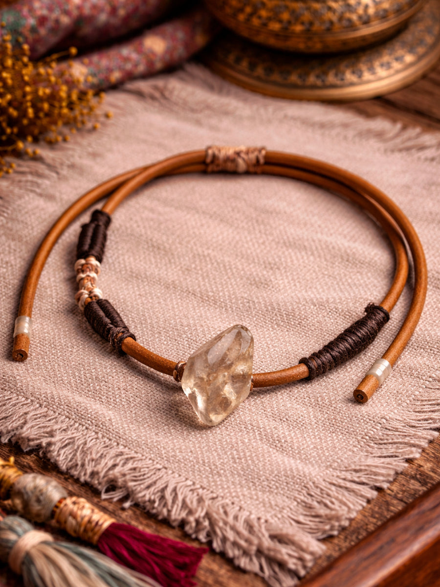 Raw Crystal Leather Cord Tibetan Cotton Wrap Necklace