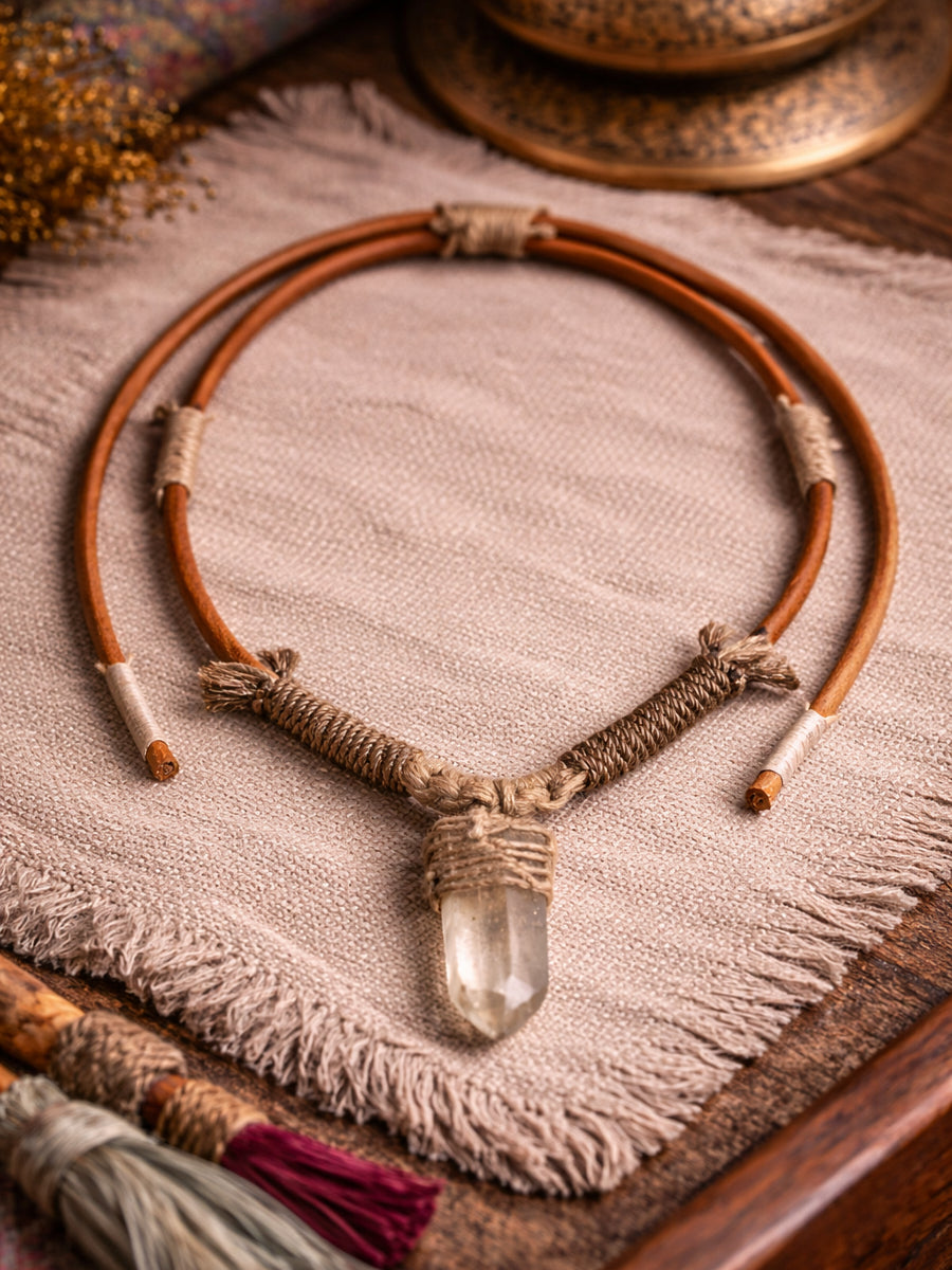 Raw Crystal Leather Cord Tibetan Cotton Wrap Necklace