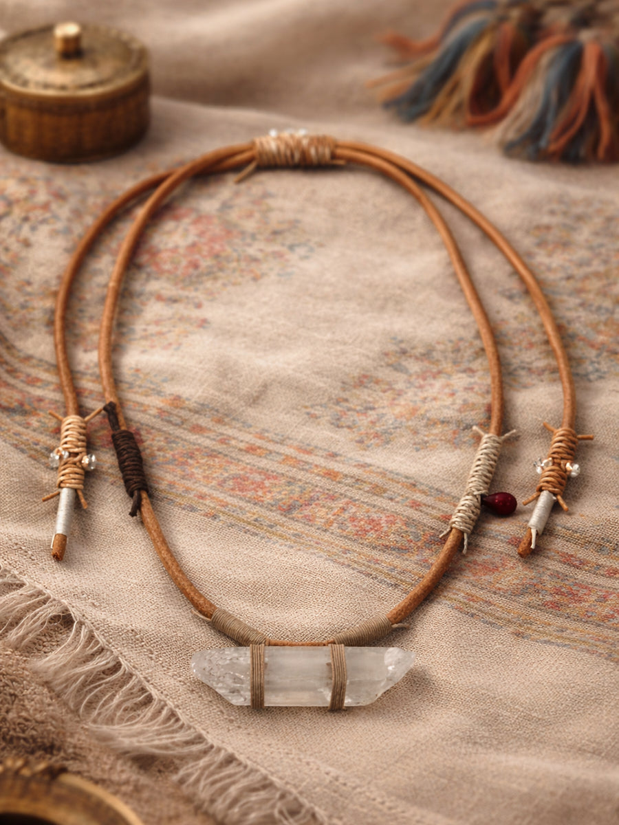 Raw Crystal Leather Cord Tibetan Cotton Wrap Necklace