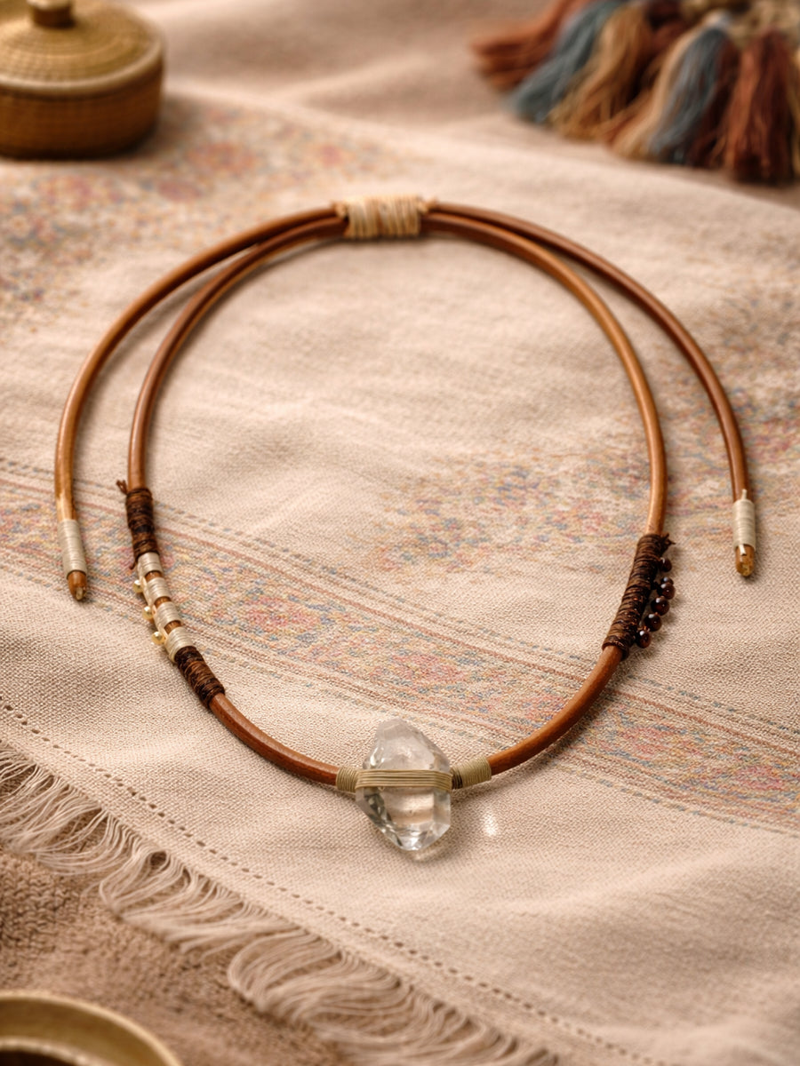 Raw Crystal Leather Cord Tibetan Cotton Wrap Necklace