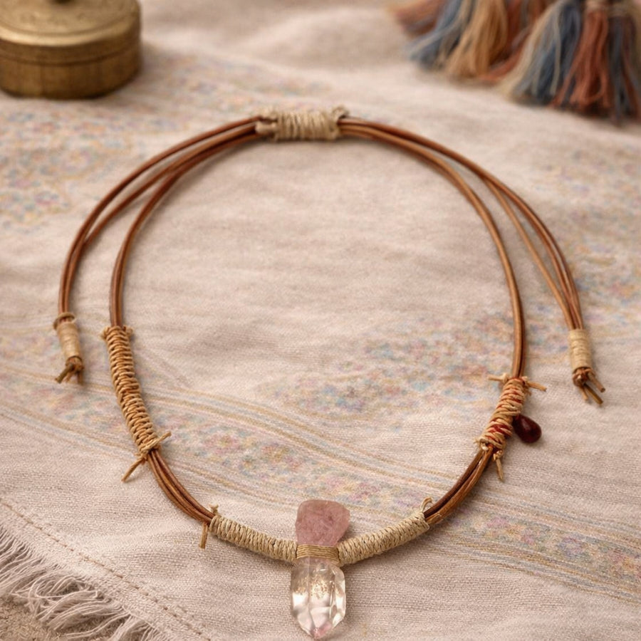 Raw Crystal Leather Cord Tibetan Cotton Wrap Necklace