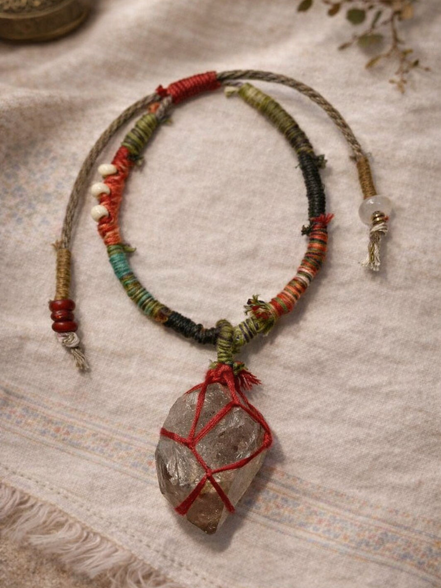Pure Lotus Raw Crystal Yak Leather Five Elements Tibetan Bracelet