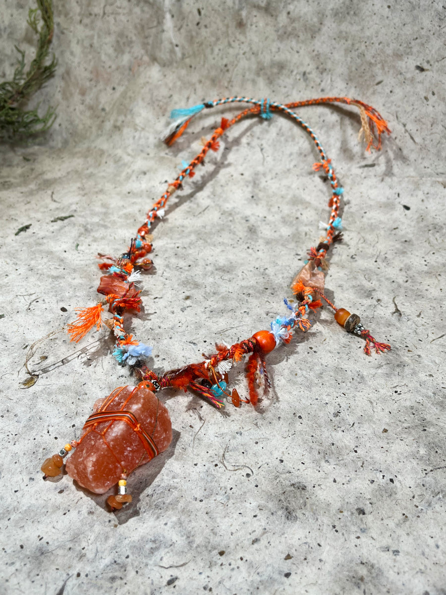 Orange Halite Crystal and Citrine Tibetan Necklace – Solar Energy, Vitality and Spiritual Warmth