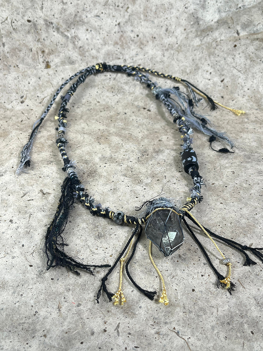 Raw Black Quartz Braided Tassel Necklace