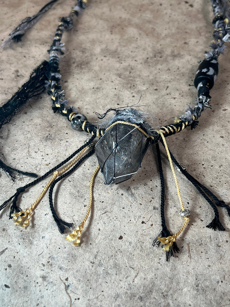 Raw Black Quartz Braided Tassel Necklace