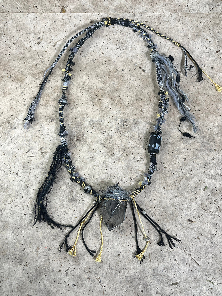 Raw Black Quartz Braided Tassel Necklace