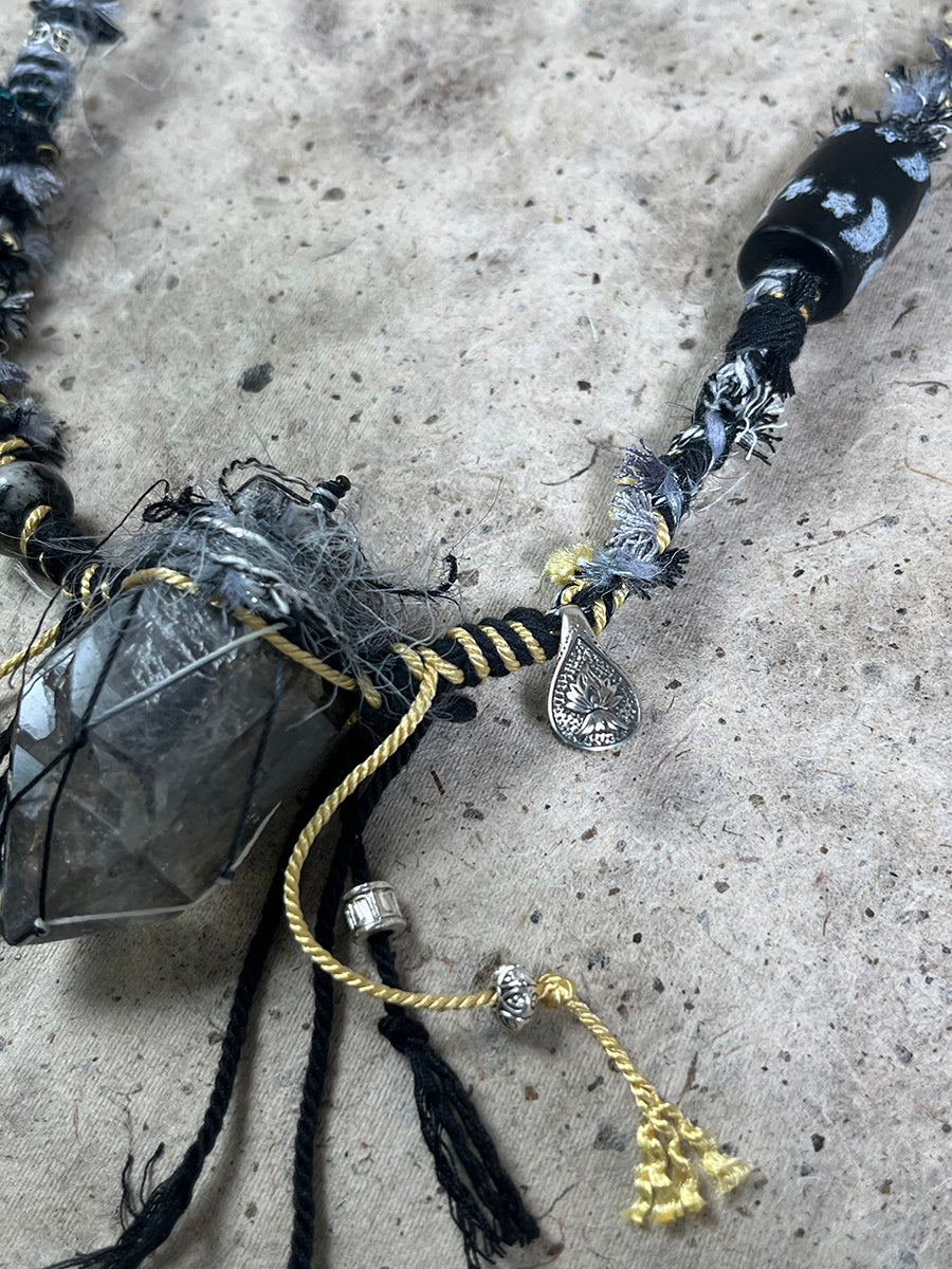 Raw Black Quartz Braided Tassel Necklace