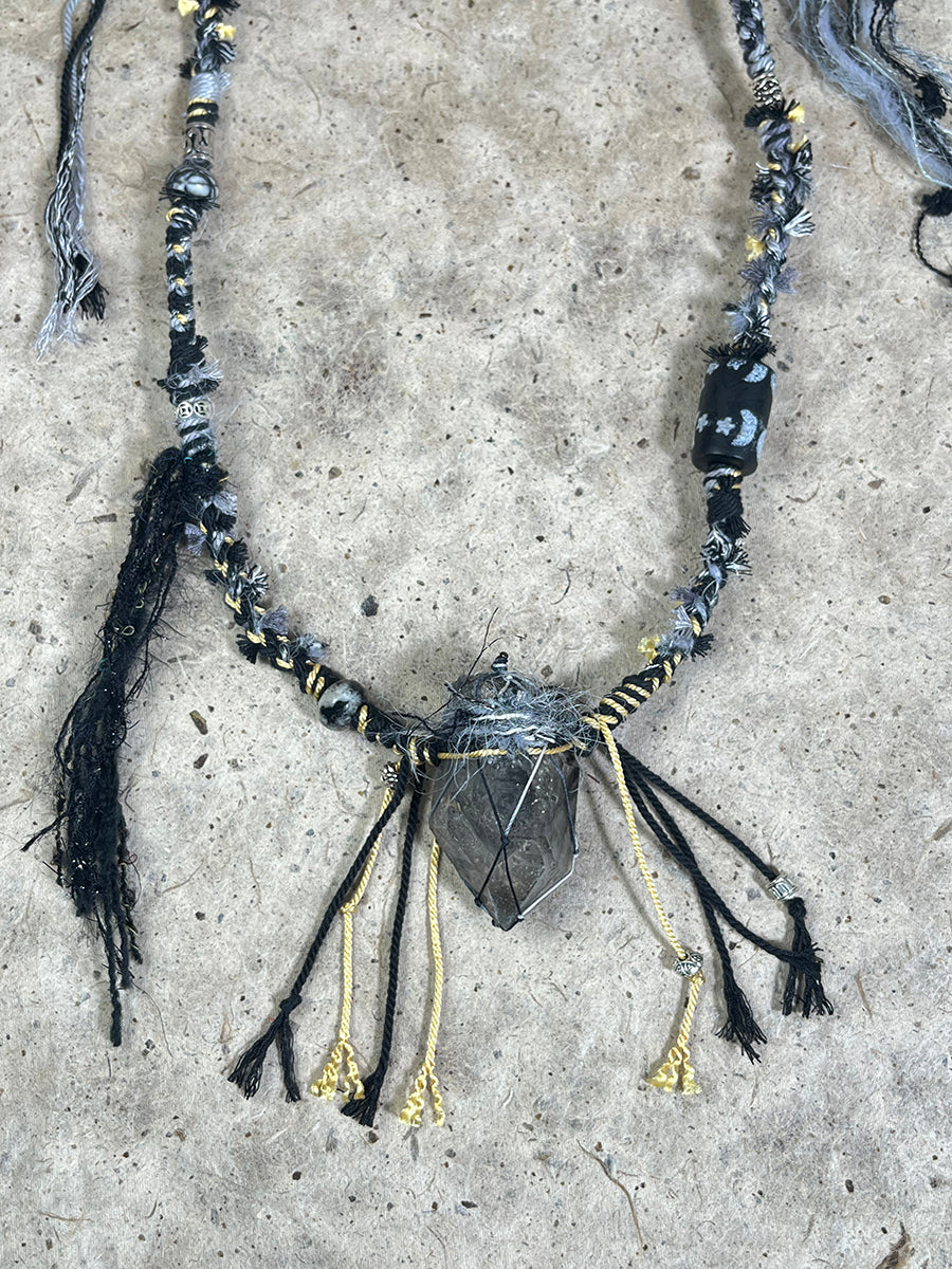 Raw Black Quartz Braided Tassel Necklace