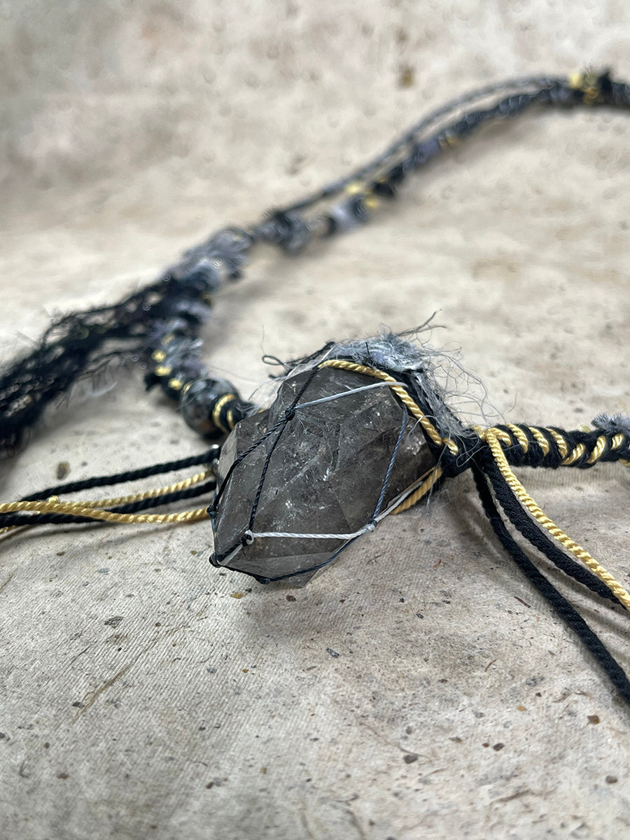 Raw Black Quartz Braided Tassel Necklace