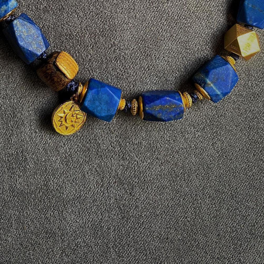 Gold Accented Lapis Lazuli Barrel Bead Necklace